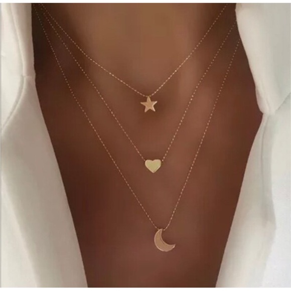 Layered Necklace Set Heart Star Moon Necklace Layering Necklace Gold Multi Layer - Picture 1 of 4